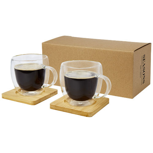 Dos tazas de vidrio de doble pared de 250 ml con posavasos de bambú "Manti" - 11331501
