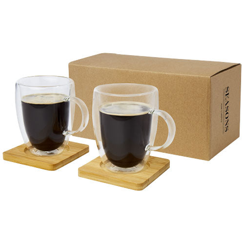 Dos tazas de vidrio de doble pared de 350 ml con posavasos de bambú "Manti" - 11331601
