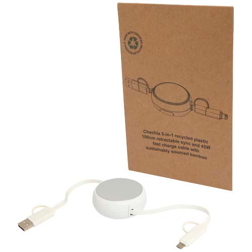 Cable retráctil 5 en 1 de 100 cm de plástico reciclado y aluminio para sincronización de datos y carga rápida de 45 W "Alasia"