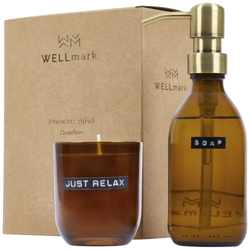 Dispensador de jabón de manos de 250 ml y juego de velas perfumadas de 150 g con fragancia de bambú "Wellmark Discovery" - 12630811
