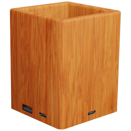 Soporte para lápices de madera con logotipo retroiluminado y doble salida USB "SCX.design O12" - imageBack