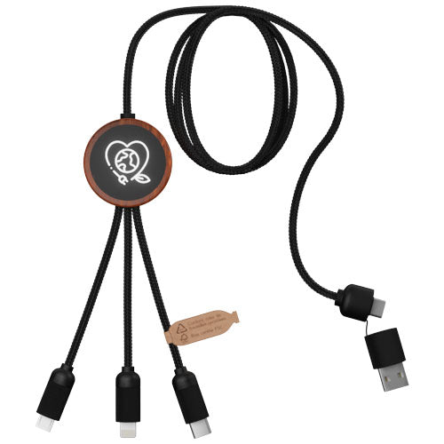 Cable de carga de 40 W 5 en 1 de PET reciclado con logo retroiluminado y estuche redondo de madera "SCX.design C37"