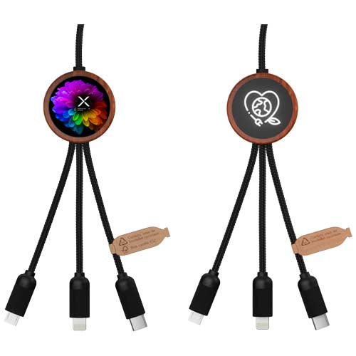 Cable de carga de 40 W 5 en 1 de PET reciclado con logo retroiluminado y estuche redondo de madera "SCX.design C37" - 2PX07171