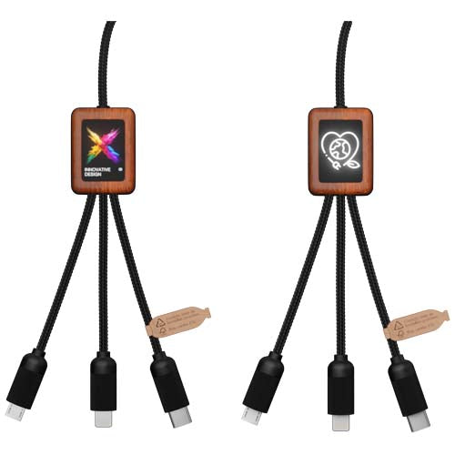 Cable de carga de 40 W 5 en 1 de PET reciclado con logo retroiluminado y estuche cuadrado de madera "SCX.design C38" - 2PX07290