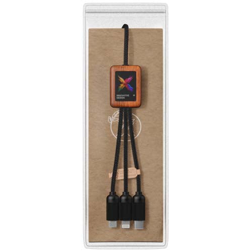 Cable de carga de 40 W 5 en 1 de PET reciclado con logo retroiluminado y estuche cuadrado de madera "SCX.design C38" - imagePackage