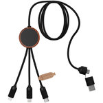 Cable de carga 5 en 1 de PET reciclado con logo retroiluminado y estuche redondo de madera "SCX.design C37"