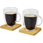 Dos tazas de vidrio de doble pared de 350 ml con posavasos de bambú "Manti" 