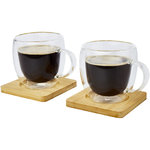 Dos tazas de vidrio de doble pared de 250 ml con posavasos de bambú "Manti" 