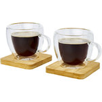 Dos tazas de vidrio de doble pared de 100 ml con posavasos de bambú "Manti" 