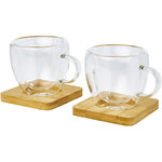 Dos tazas de vidrio de doble pared de 100 ml con posavasos de bambú "Manti" 