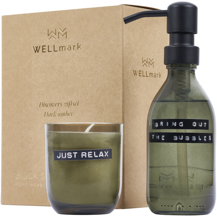 Dispensador de jabón de manos de 200 ml y juego de velas aromáticas de 150 g con fragancia de ámbar oscuro "Wellmark Discover