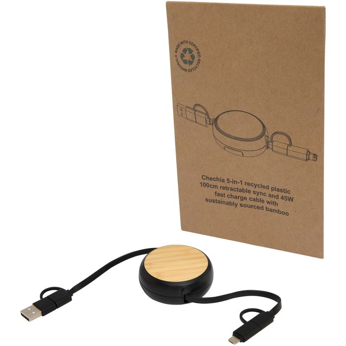 Cable retráctil 5 en 1 de plástico reciclado de 100 cm para sincronización de datos y carga rápida de 45 W con detalles de bambú "Chechia"