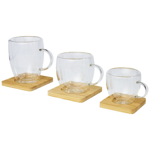 Dos tazas de vidrio de doble pared de 250 ml con posavasos de bambú "Manti" - imageGroup