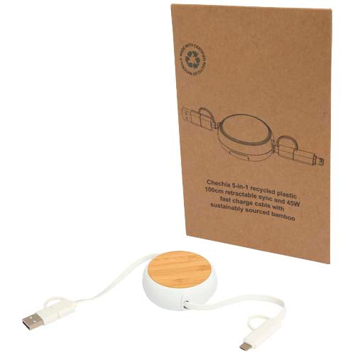 Cable retráctil 5 en 1 de plástico reciclado de 100 cm para sincronización de datos y carga rápida de 45 W con detalles de bambú "Chechia"