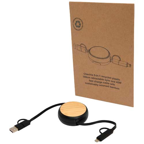 Cable retráctil 5 en 1 de plástico reciclado de 100 cm para sincronización de datos y carga rápida de 45 W con detalles de bambú "Chechia"