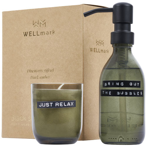 Dispensador de jabón de manos de 200 ml y juego de velas aromáticas de 150 g con fragancia de ámbar oscuro "Wellmark Discovery"