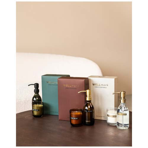 Dispensador de jabón de manos de 250 ml y juego de velas aromáticas de 150 g con fragancia de lino fresco "Wellmark Discovery - imageMood1