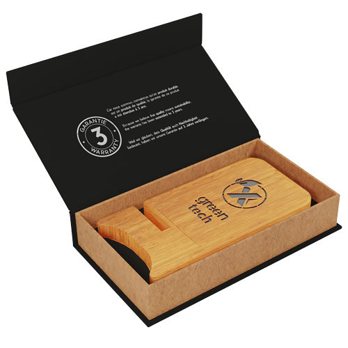 Soporte para teléfono con cargador inalámbrico de madera de 10W con logotipo retroiluminado "SCX.design W26" - imagePackage