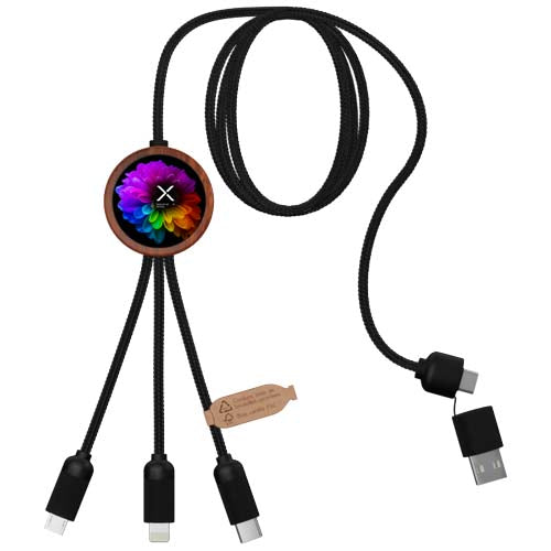 Cable de carga de 40 W 5 en 1 de PET reciclado con logo retroiluminado y estuche redondo de madera "SCX.design C37" - imageFront