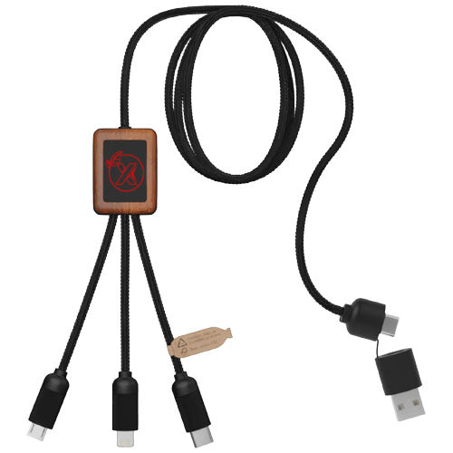 Cable de carga de 40 W 5 en 1 de PET reciclado con logo retroiluminado y estuche cuadrado de madera "SCX.design C38"