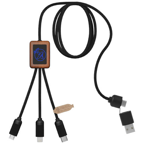 Cable de carga de 40 W 5 en 1 de PET reciclado con logo retroiluminado y estuche cuadrado de madera "SCX.design C38"