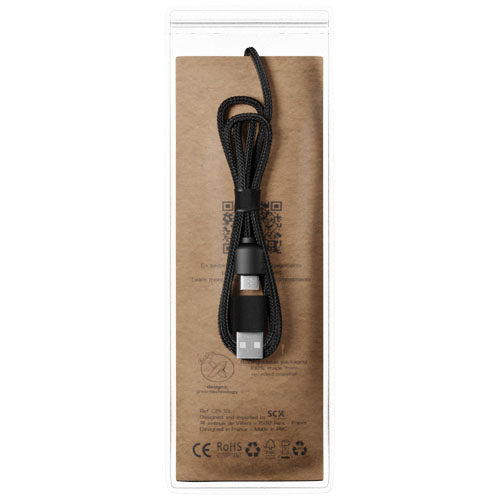 Cable de carga de 40 W 5 en 1 de PET reciclado con logo retroiluminado y estuche cuadrado de madera "SCX.design C38" - imagePackage