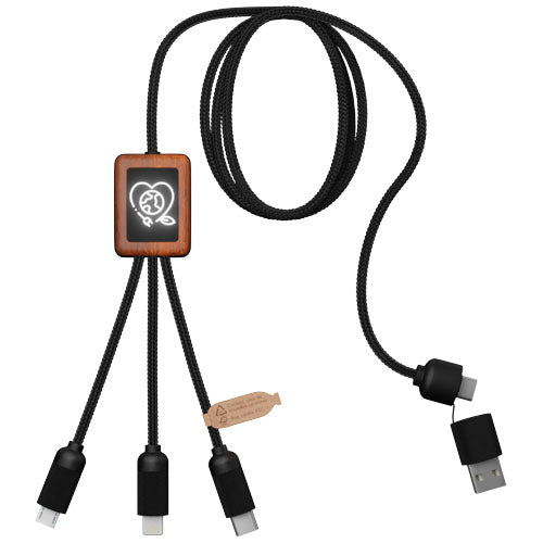 Cable de carga de 40 W 5 en 1 de PET reciclado con logo retroiluminado y estuche cuadrado de madera "SCX.design C38"