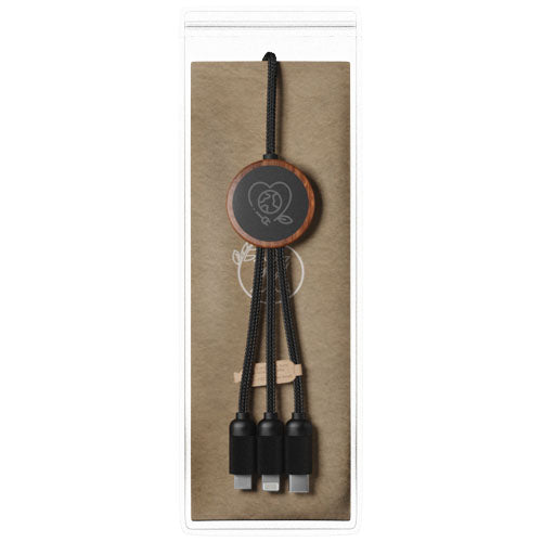 Cable de carga 3 en 1 extendido de PET reciclado con logotipo retroiluminado y estuche redondo de bambú "SCX.design C36" - imagePackage